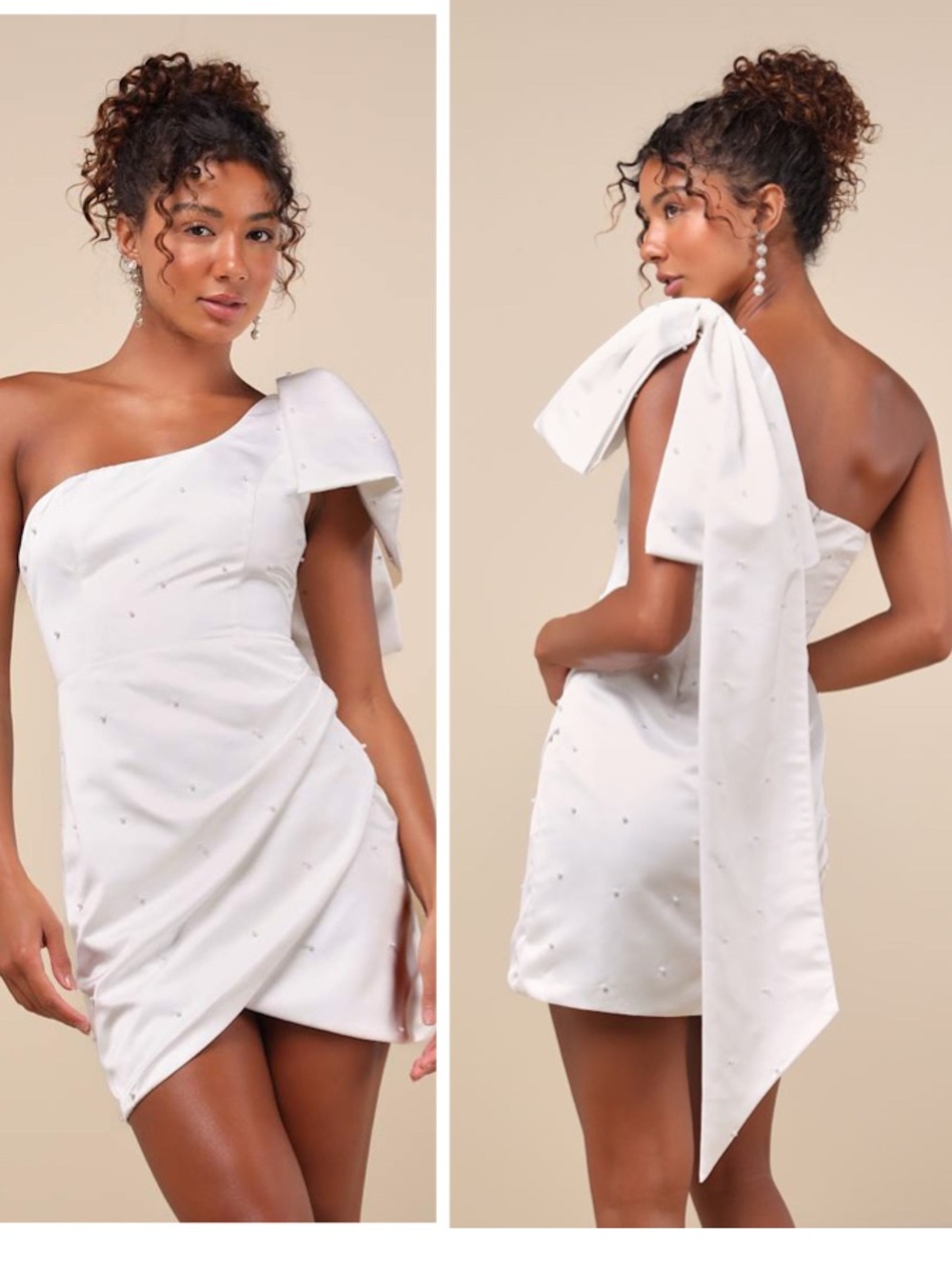 Lulus Posh Behavior White Pearl Bow One-Shoulder Mini Dress Size Small Bridal